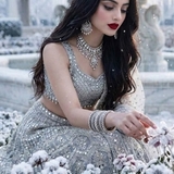 Model wearing Frost Silver Embroidered Festive Lehenga Set in an outdoor winter setting