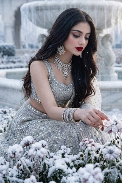 Model wearing Frost Silver Embroidered Festive Lehenga Set in an outdoor winter setting