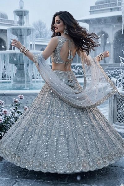 Frost Silver Festive Lehenga showcasing embroidered flare