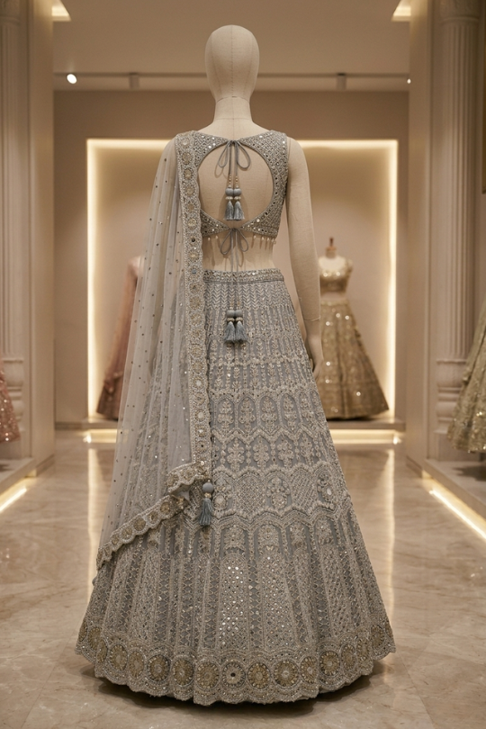 Frost Silver Embroidered Festive Lehenga displayed on mannequin back