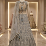 Frost Silver Embroidered Festive Lehenga displayed on mannequin back