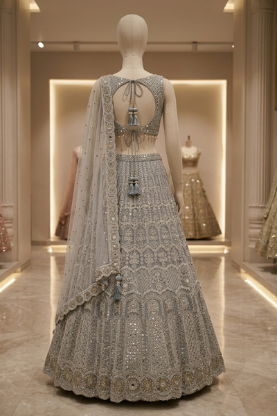 Frost Silver Embroidered Festive Lehenga displayed on mannequin back