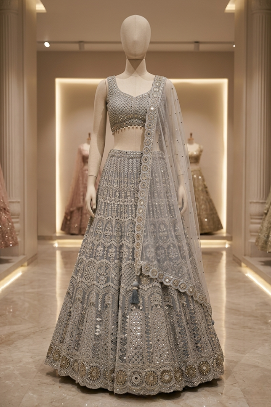 Frost Silver Embroidered Festive Lehenga displayed on mannequin front