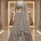 Frost Silver Embroidered Festive Lehenga displayed on mannequin front