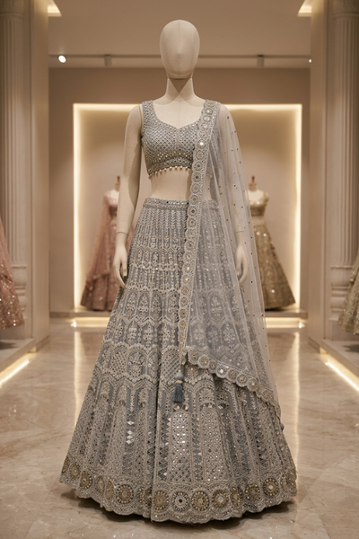 Frost Silver Embroidered Festive Lehenga displayed on mannequin front