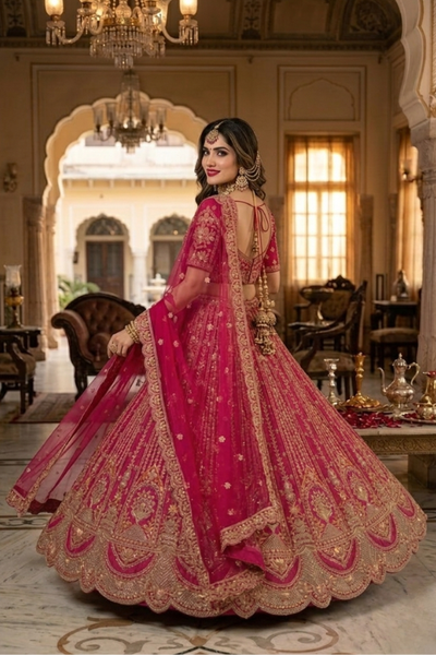 Side view of Maharani Pink Bridal Zari Lehenga Set