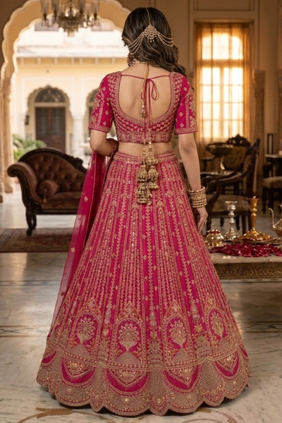 Back view of Maharani Pink Bridal Zari Lehenga Set