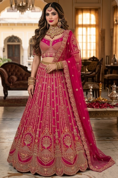 Maharani pink bridal zari lehenga set available for rent and sale in Bhopal