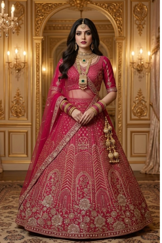 Maharani Pink Bridal Zari Lehenga Set front view