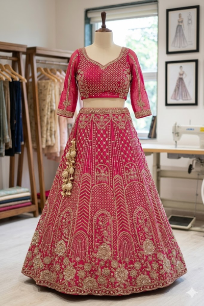 Zari embroidery detail on Maharani Pink Bridal Lehenga