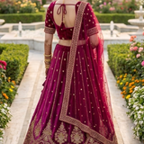 Rosewood bridal lehenga blouse and dupatta, back view detailing
