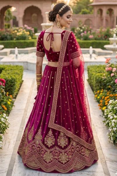 Rosewood bridal lehenga blouse and dupatta, back view detailing