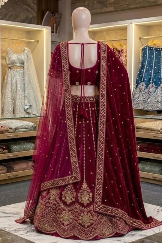 Rosewood bridal lehenga back view showing blouse design and dupatta drape