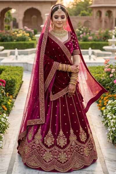 Rosewood maroon bridal lehenga with gold zari embroidery, front view