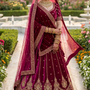 Rosewood maroon bridal lehenga with gold zari embroidery, front view