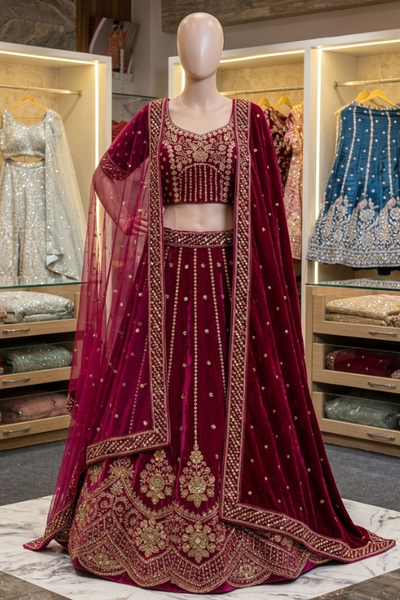 Rosewood maroon bridal lehenga with blouse and dupatta, front view on display