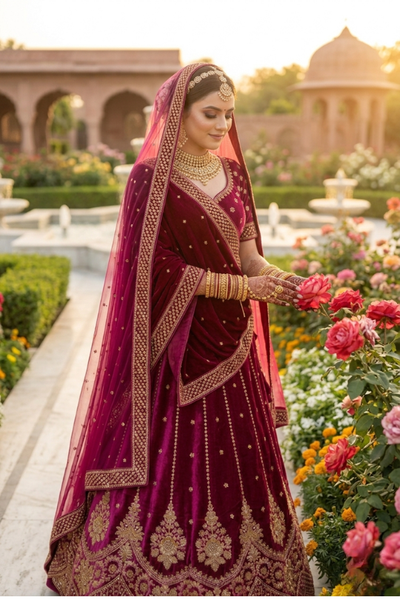 Bride in rosewood maroon bridal lehenga with dupatta draped over head, standing in a rose garden