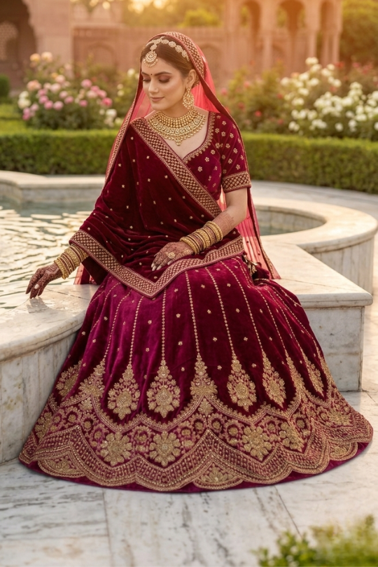 Bride seated in rosewood maroon bridal lehenga with gold embroidery, side profile by a fountain