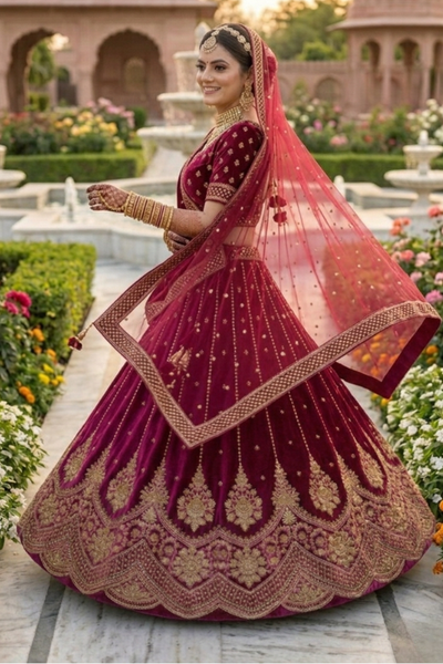 Rosewood bridal lehenga skirt with gold embroidered border, back view mid-twirl