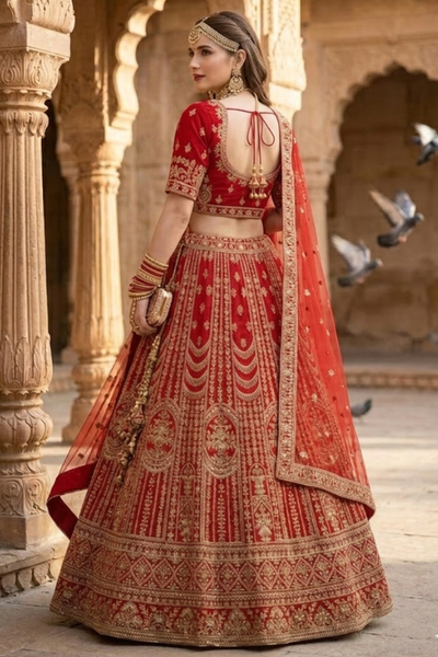 Crimson bridal lehenga back view showing embroidered blouse and dupatta drape.