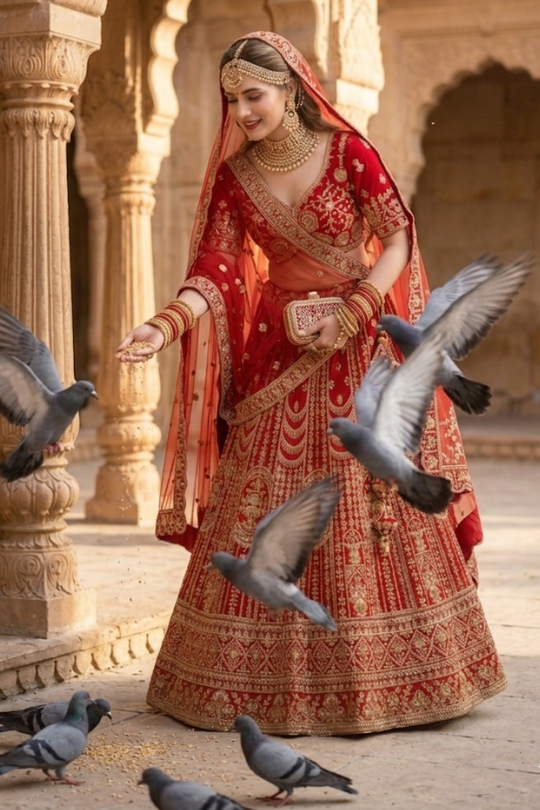 Bride in crimson bridal lehenga standing amid pigeons in a heritage courtyard.