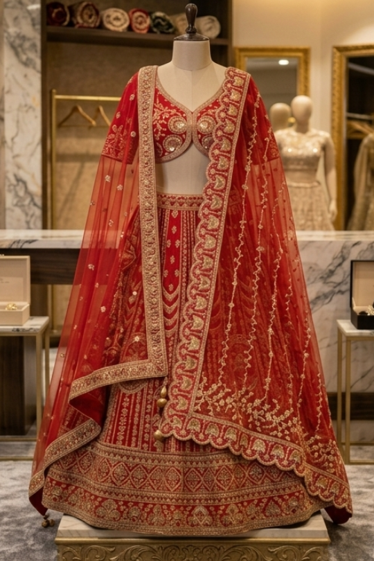 Crimson bridal lehenga on display with gold-bordered dupatta draped over shoulder.