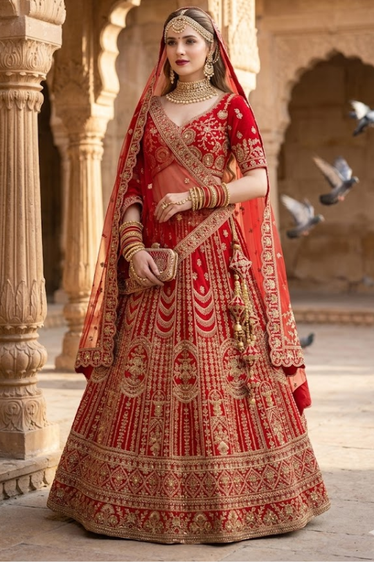 Bride in crimson red bridal lehenga with gold embroidery, standing in a heritage courtyard