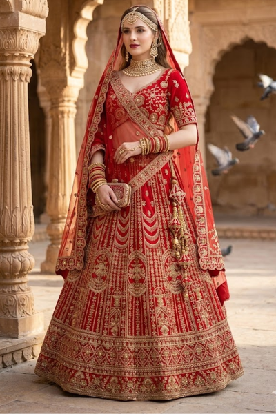 Bride in crimson red bridal lehenga with gold embroidery, standing in a heritage courtyard