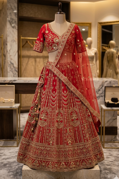 Crimson red bridal lehenga with gold embroidery, front view on display.