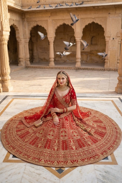 Bride seated with crimson bridal lehenga skirt spread in a full circle, showing gold embroidery.