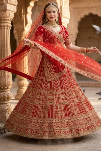 Bride twirling in crimson red bridal lehenga, dupatta flowing with gold embroidered skirt.