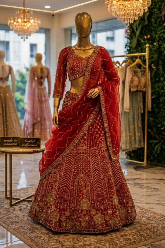 Scarlet red bridal lehenga with gold embroidery, front view on display