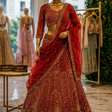 Scarlet red bridal lehenga with gold embroidery, front view on display