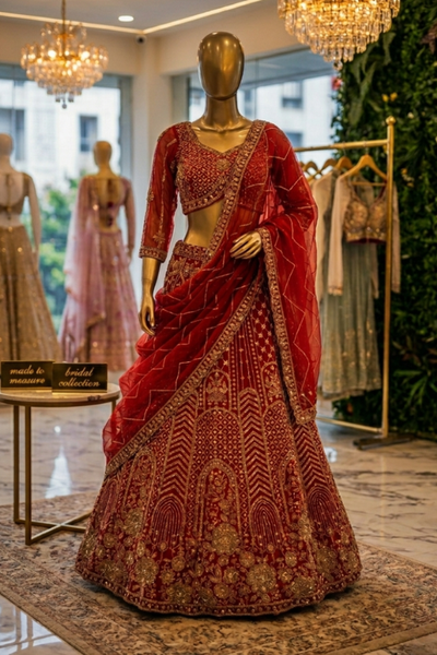 Scarlet red bridal lehenga with gold embroidery, front view on display
