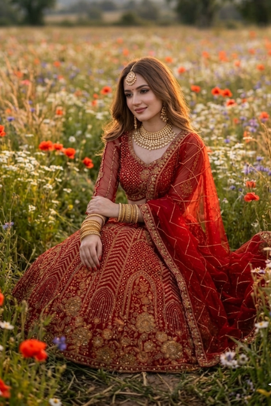 Bride seated in scarlet red bridal lehenga surrounded by wildflowers