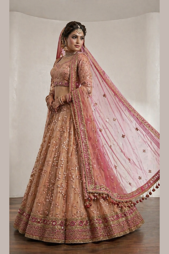 Peach bridal lehenga side view showing hot pink dupatta and embroidered skirt