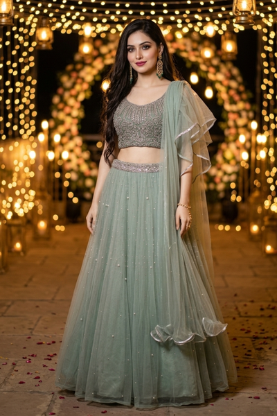 Woman in dusty mint embellished lehenga, fairy-light arch backdrop