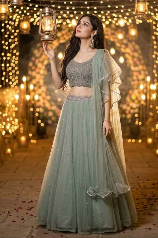 Dusty mint embellished lehenga portrait with lantern, festive light backdrop