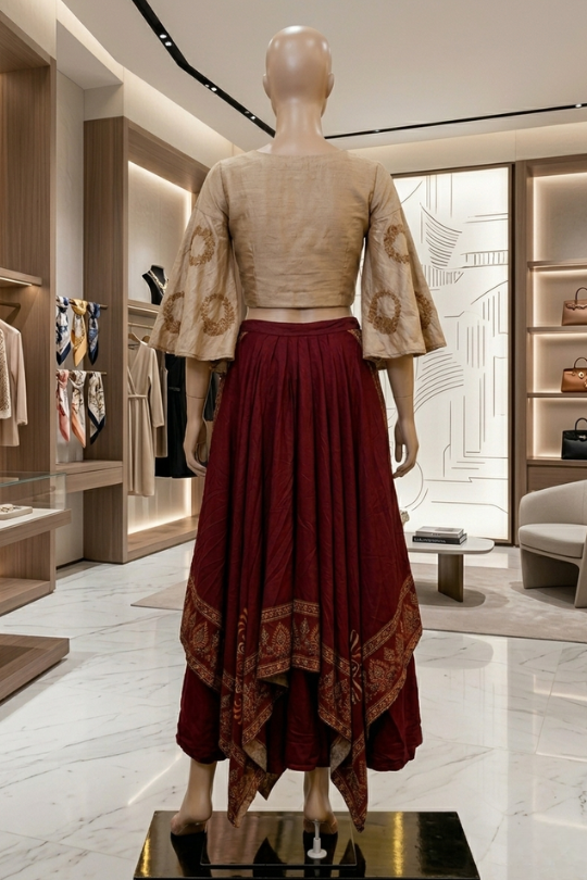Wine and beige Indo-Western skirt set, alternate back view