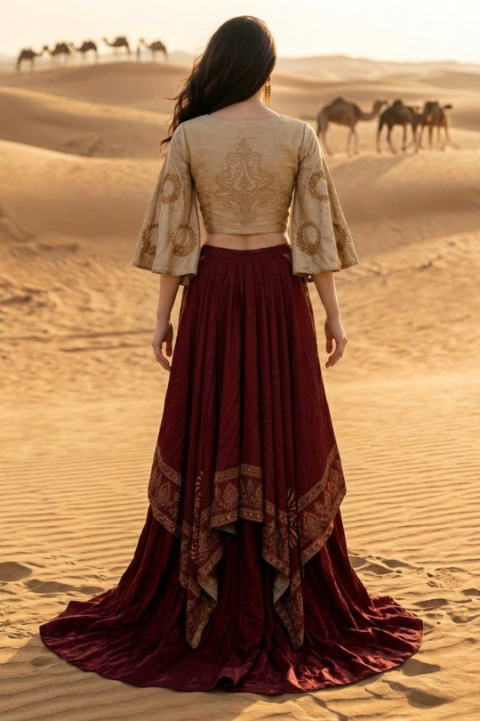 Woman in wine and beige fusion skirt set, standing in the desert with back pose