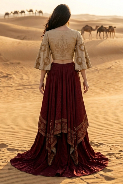 Woman in wine and beige fusion skirt set, standing in the desert with back pose