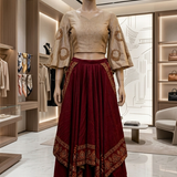Wine and beige fusion skirt set with embroidered top, front view
