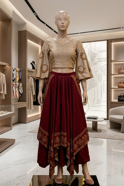 Wine and beige fusion skirt set with embroidered top, front view