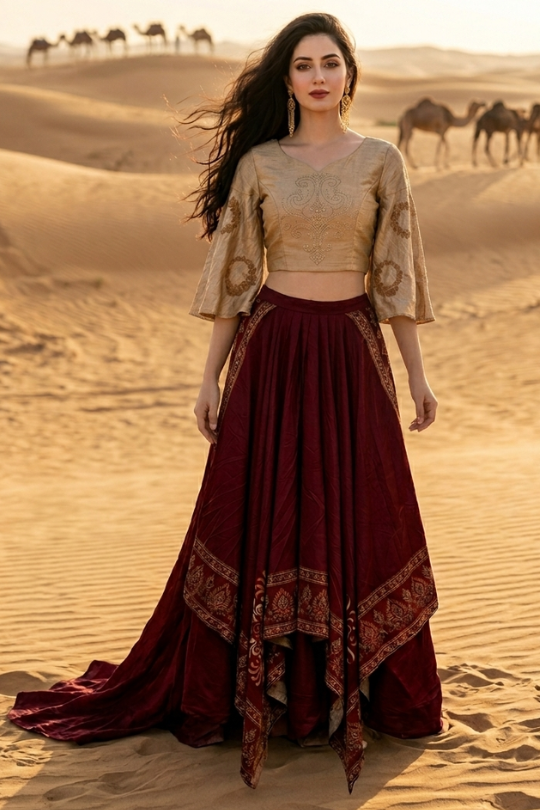 Woman in wine and beige fusion skirt set, standing in the desert
