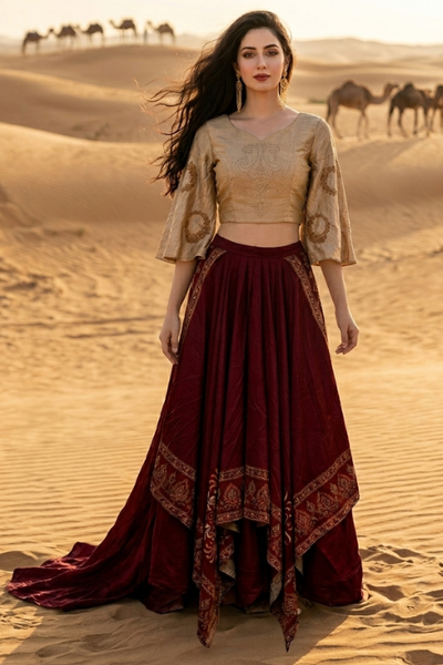 Woman in wine and beige fusion skirt set, standing in the desert