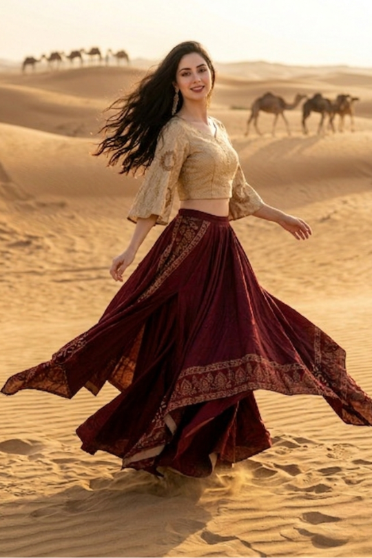 Wine and beige Indo-Western skirt set with bell sleeves, mid-motion pose