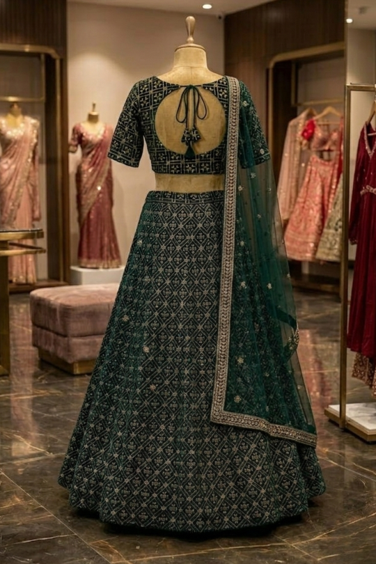 Deep emerald green embroidered lehenga, back view on display
