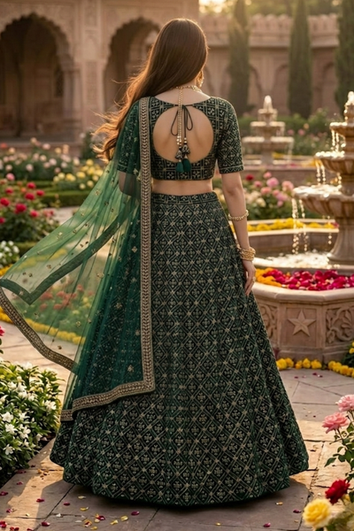 Emerald green lehenga back view showing dupatta and skirt embroidery