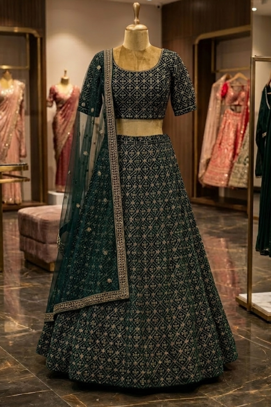Deep emerald green embroidered lehenga, front view on display