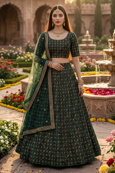 Woman in deep emerald green embroidered lehenga, garden courtyard backdrop